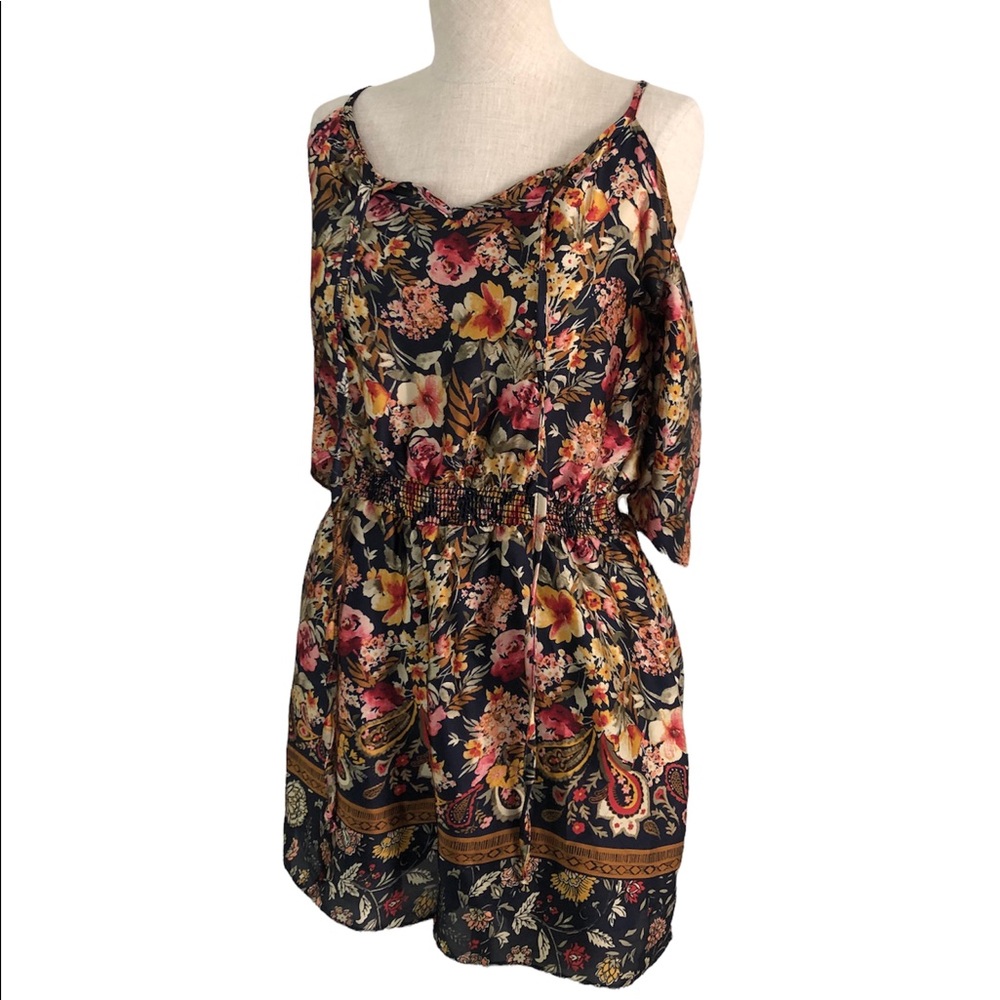 EUC Everly Cold shoulder Silk Fall Floral Foliage Romper